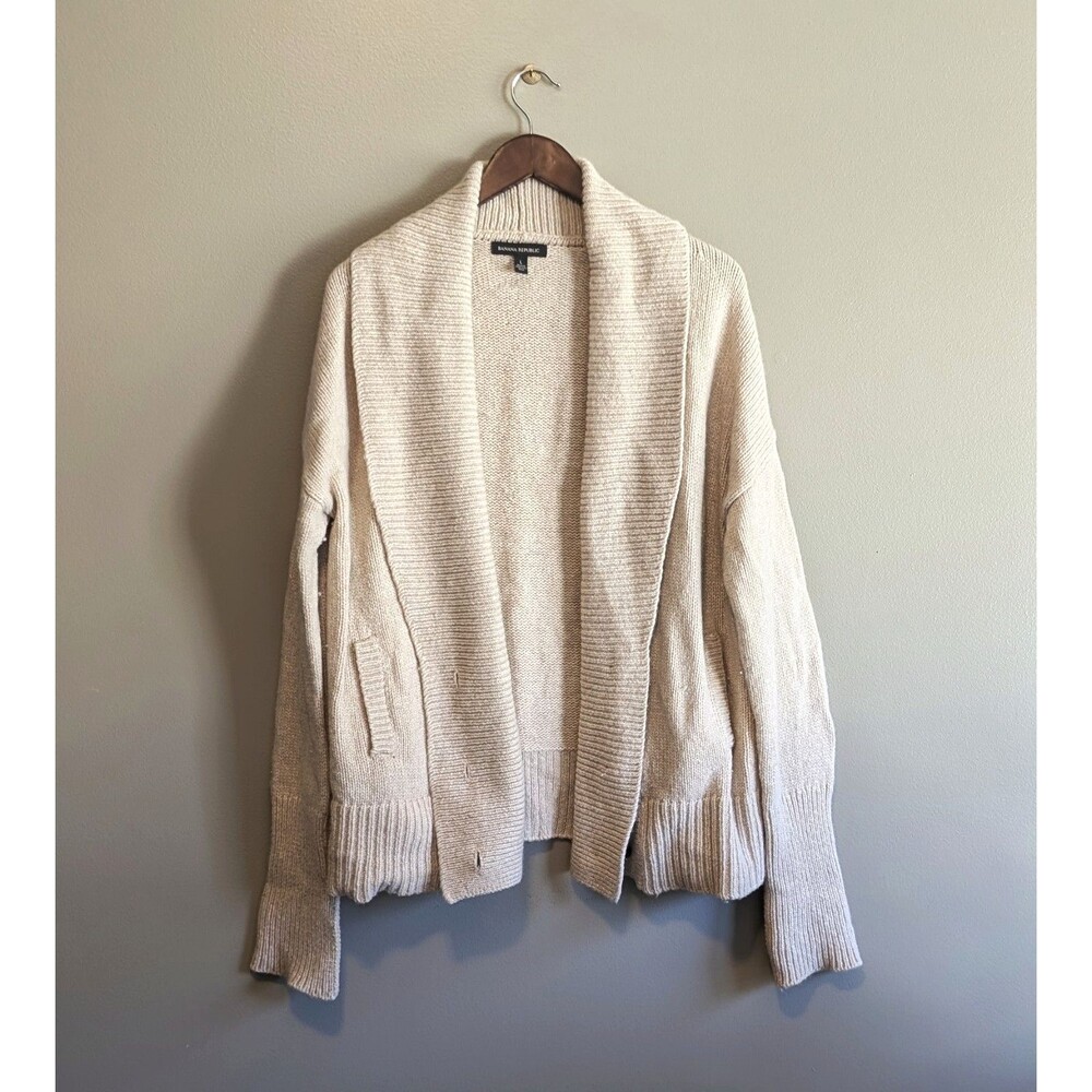 Banana Republic Womens Large Tan Wool Blend Open Front Cardigan Sweater Knit LS